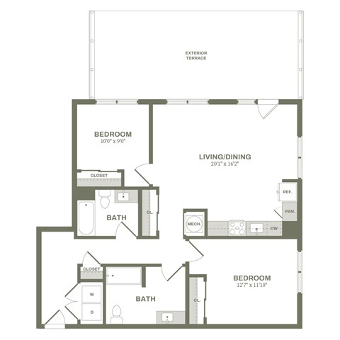A floor plan of a house with two bedrooms, a living/dining area, and a bathroom.